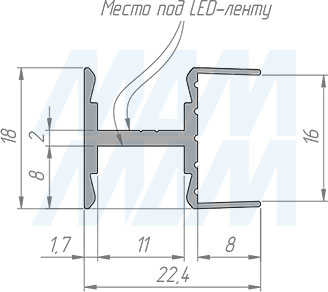 Размеры профиля WD3 22x18 мм для торцевой подсветки деревянной полки, для плоского рассеивателя (артикул LSP-WD3-ALU)
