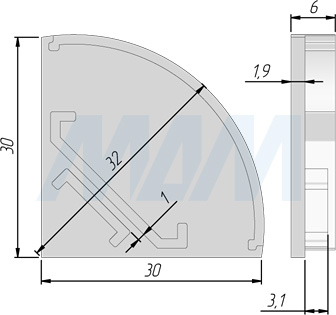 Размеры торцевой заглушки без отверстия для профиля СМ4 для светодиодной ленты (артикул LSPA-CAP-CM4-0)