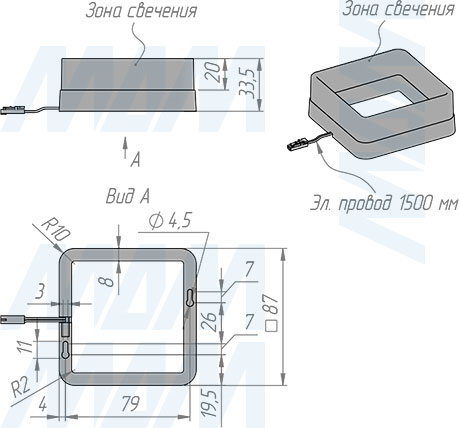 Размеры точечного квадратного светодиодного светильника PRISM, 12V, 3.5W (артикул PR12-QNO-90)
