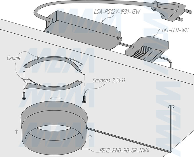 Установка точечного круглого светодиодного светильника PRISM, 12V, 3.5W (артикул PR12-RNO-90)