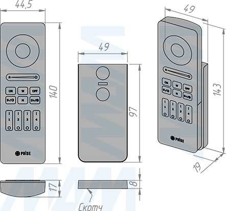Размеры пульта дистанционного управления контроллером SMART для светодиодных лент RGB, RGBW, RGBCCT, 4 зоны, магнитное крепление, 2.4 ГГц (артикул RE-RGBCCT-R-4Z-BL)