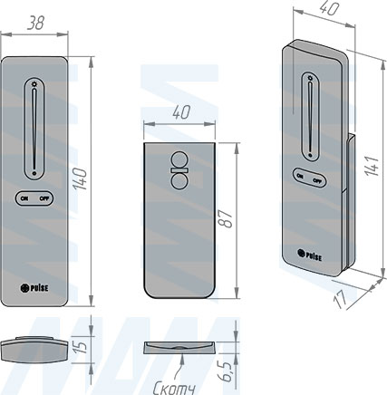 Размеры пульта дистанционного управления контроллером SMART для монохромной и CCT светодиодной ленты, сенсорный, магнитное крепление, 2.4 ГГц (артикул RE-S-CCT-R-1Z-BL)