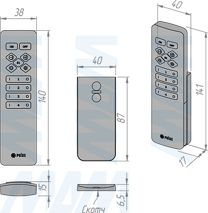 Размеры пульта дистанционного управления контроллером SMART для монохромной и CCT светодиодной ленты, 4 зоны, магнитное крепление, 2.4 ГГц (артикул RE-S-CCT-R-4Z-BL)