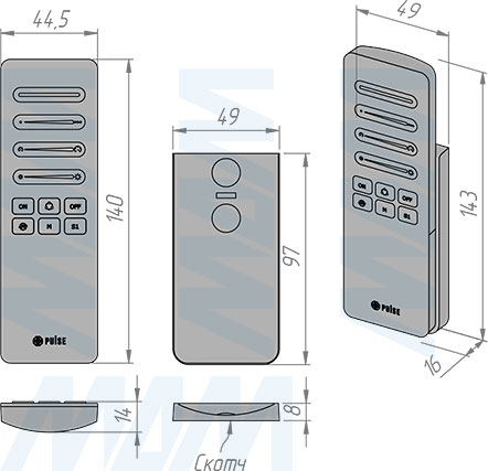 Размеры пульта дистанционного управления контроллером SMART для светодиодных лент SPI, сенсорный, магнитное крепление, 2.4 ГГц (артикул RE-SPI-S-RGBW-R-BL)