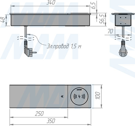 Размеры блока розеток со сдвижной крышкой, 190x100 мм, 2 розетки, 1 USB, 1 USB Type-C, быстрая зарядка (артикул SLS-S-2S1A1C-FW), чертеж 1