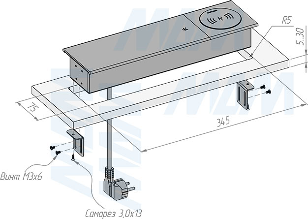 Установка блока розеток со сдвижной крышкой, 190x100 мм, 2 розетки, 1 USB, 1 USB Type-C, быстрая зарядка (артикул SLS-S-2S1A1C-FW)