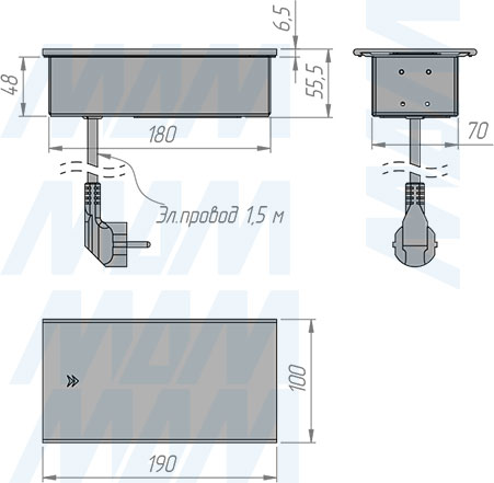 Размеры блока розеток со сдвижной крышкой, 190x100 мм, 2 розетки, 1 USB, 1 USB Type-C, быстрая зарядка (артикул SLS-S-2S1A1C-F), чертеж 1