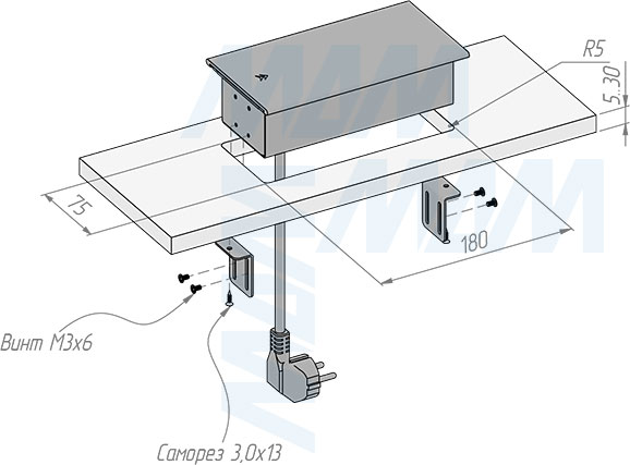 Установка блока розеток со сдвижной крышкой, 190x100 мм, 2 розетки, 1 USB, 1 USB Type-C, быстрая зарядка (артикул SLS-S-2S1A1C-F)