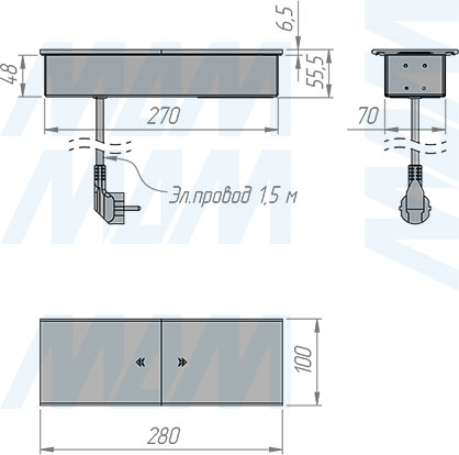 Размеры блока розеток с раздвижными крышками, 180x72 мм, 3 розетки, 1 USB, 1 USB Type-C, быстрая зарядка (артикул SLS-S-3S1A1C-F2), чертеж 1