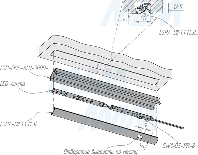 Установка выключателя на преграду для установки в профиль, ширина 8 мм, 12/24В, 60/120 Вт (артикул SW1-DS-PR-8)
