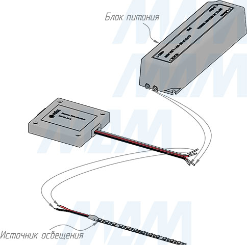 Подключение электрооборудования к диммируемому выключателю для зеркала на взмах, 1 кнопка, 24В (артикул SW1-MR-MS-D)