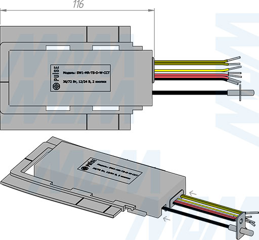 Размеры сенсорного диммируемого выключателя для зеркала, обогрев, для ленты CCT, электронные часы, 2 кнопки, 12/24В (артикул SW1-MR-TS-D-W-CCT-C), чертёж 3