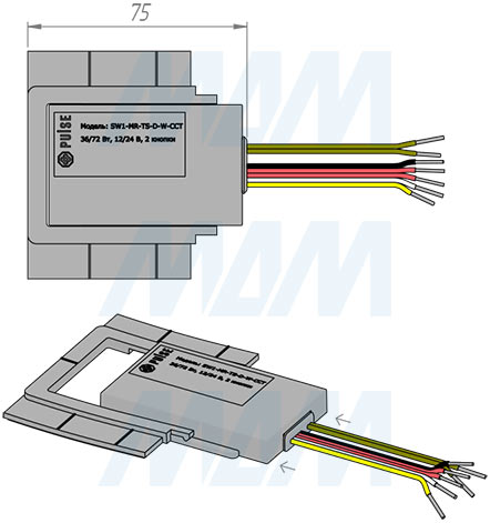 Размеры выключателя для зеркала сенсорного диммируемого с обогревом  для ленты CCT, 2 кнопки, 12/24В (артикул SW1-MR-TS-D-W-CCT)