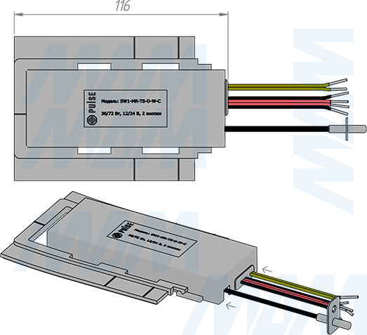 Размеры сенсорного диммируемого выключателя для зеркала, обогрев, электронные часы, 2 кнопки, 12/24В (артикул SW1-MR-TS-D-W-C), чертёж 3