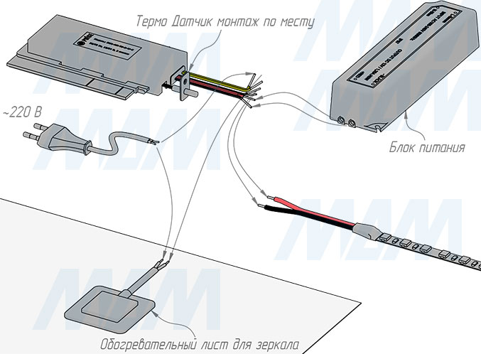 Подключение электрооборудования к сенсорному диммируемому выключателю для зеркала, обогрев, электронные часы, 2 кнопки, 12/24В (артикул SW1-MR-TS-D-W-C)