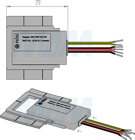 Размеры сенсорного диммируемого выключателя для зеркала, обогрев, 2 кнопки, 12/24В (артикул SW1-MR-TS-D-W), чертёж 3