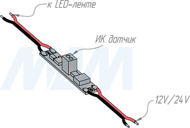 Диммируемый выключатель с датчиком на взмах для установки в профиль, с проводами 12/24V, 60/120W (артикул SW1-MS-8WR-PR)