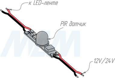 Выключатель с датчиком на движение для установки в профиль, с проводами 12/24V, 60/120W (артикул SW1-PIR-8WR-PR)