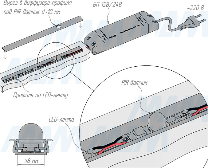 Установка выключателя с датчиком на движение для установки в профиль, с проводами 12/24V, 60/120W (артикул SW1-PIR-8WR-PR)