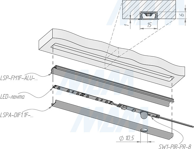 Установка выключателя на движение для установки в профиль, ширина 8 мм, 12/24В, 60/120 Вт (артикул SW1-PIR-PR-8)