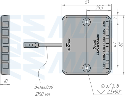 Размеры ресивера для ббеспроводного диммируемого инфракрасного (IR) выключателя на преграду, 12/24В, 60/120Вт, IP20 (артикул SW1-RC-DS-R-BL)
