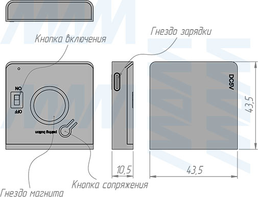 Размеры беспроводного накладного инфракрасного (IR) датчика на преграду (артикул SW1-RC-DS-R)