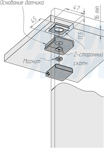 Врезная установка беспроводного накладного инфракрасного (IR) датчика на преграду для одного фасада (артикул SW1-RC-DS-R), схема 2
