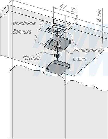 Врезная установка беспроводного накладного инфракрасного (IR) датчика на преграду для двух фасадов (артикул SW1-RC-DS-R), схема 2