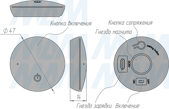 Размеры датчика беспроводного кнопочного выключателя, 12/24В, 60/120Вт, IP20 (артикул SW1-RC-PB-R-BL)
