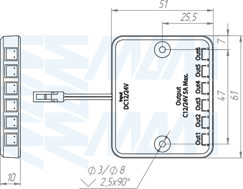 Размеры ресивера беспроводного кнопочного выключателя, 12/24В, 60/120Вт, IP20 (артикул SW1-RC-PB-R-BL)