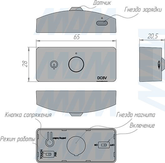 Размеры датчика беспроводного диммируемого инфракрасного (IR) выключателя на движение, 12/24В, 60/120Вт, IP20 (артикул SW1-RC-PIR-R-BL)