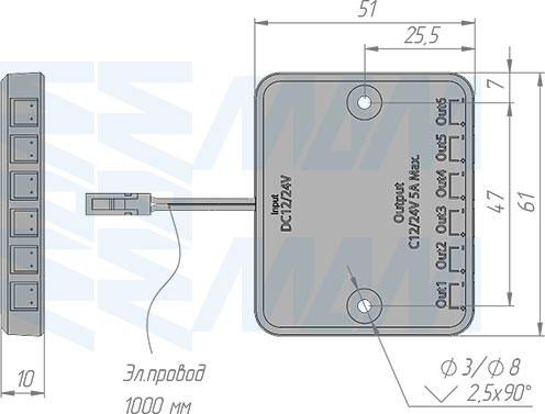 Размеры ресивера беспроводного диммируемого инфракрасного (IR) выключателя на движение, 12/24В, 60/120Вт, IP20 (артикул SW1-RC-PIR-R-BL)