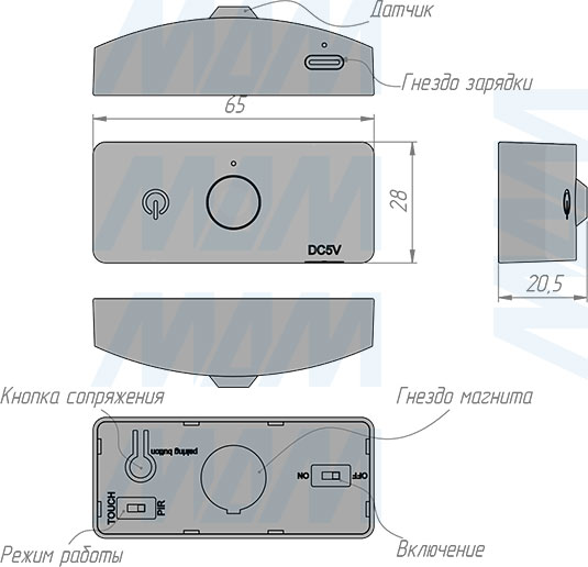Размеры беспроводного диммируемый накладного инфракрасного (IR) датчика на движение (артикул SW1-RC-PIR-R)