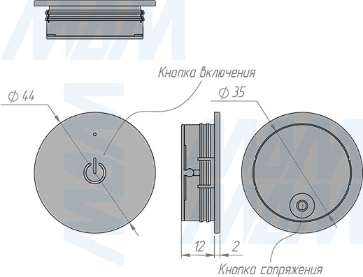 Размеры датчика сенсорного беспроводного диммируемого врезной/накладной выключателя, 12/24В, 60/120Вт, IP20 (артикул SW1-RC-TS-R-BL)