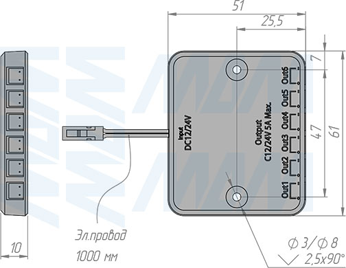 Размеры ресивера сенсорного беспроводного диммируемого врезной/накладной выключателя, 12/24В, 60/120Вт, IP20 (артикул SW1-RC-TS-R-BL)