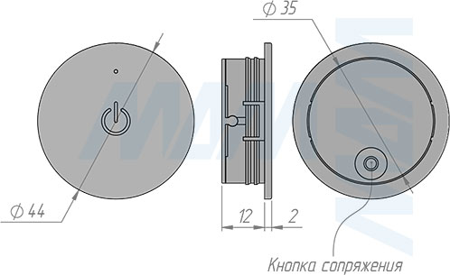 Размеры сенсорного беспроводного диммируемого врезного/накладного датчика (артикул SW1-RC-TS-R)