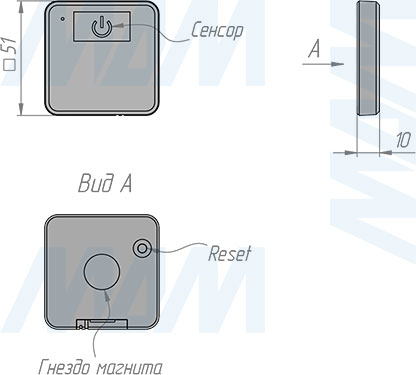 Размеры дистанционного выключателя сенсорного беспроводного диммируемого накладного датчика (артикул SW1-RC-TS)