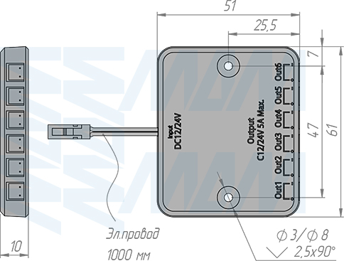 Размеры ресивера для беспроводного выключателя, с 6 разъемами LED, 12/24В, 60/120Вт, IP20 (артикул SW1-REC-RC-BL)