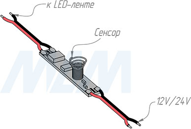 Сенсорный диммируемый выключатель с датчиком на движение для установки в профиль, с проводами 12/24V, 60/120W (артикул SW1-TS-8WR-PR)