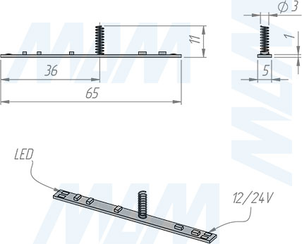 Размеры диммируемого сенсорного выключателя для установки в профиль, ширина 5 мм, 12/24В, 60/120 Вт (артикул SW1-TS-D-PR-5)
