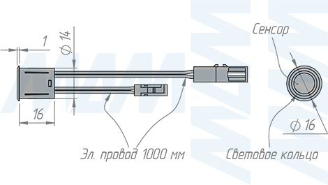 Размеры врезного сенсорного диммируемого выключателя со световой индикацией, 12/24В, 36/72Вт, IP20 (артикул SW1-TS-FM-NW-1)