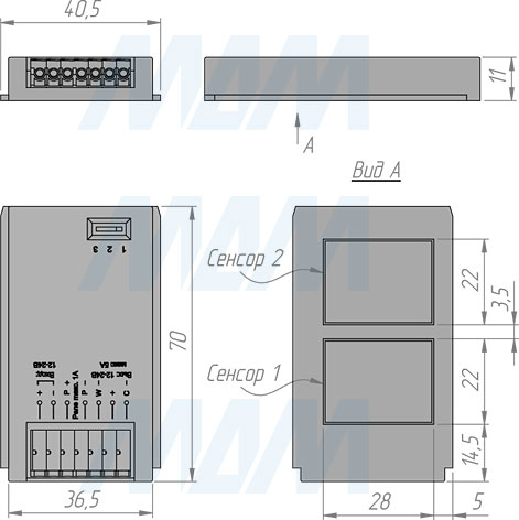 Размеры сенсорного диммируемого выключателя для зеркала с 2 кнопками, 12/24V, 60/120W (артикул SW1-TS-MR-2)