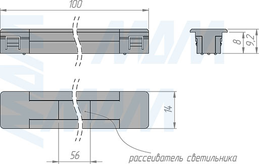 Размеры линейного светодиодного светильника TRACK, 100 мм, 24 В, 0,7  Вт (артикул TK24-2025NW-100)