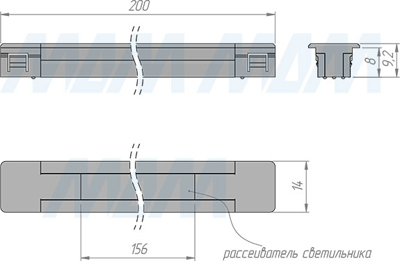 Размеры линейного светодиодного светильника TRACK, 200 мм, 24 В, 1,4  Вт (артикул TK24-2025NW-200)