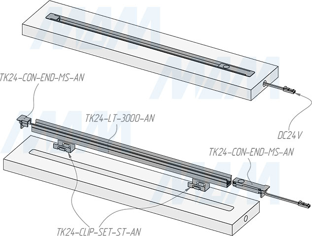 Установка коннектора TRACK с выключателем на взмах и разъемом для питания, 24 В, 72 Вт (артикул TK24-CON-END-NO)