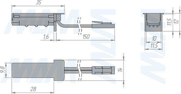 Размеры коннектора TRACK с разъемом для питания, 24 В, 120 Вт (артикул TK24-CON-END-NO), чертеж 1
