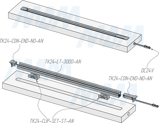 Установка коннектора TRACK с разъемом для питания, 24 В, 120 Вт (артикул TK24-CON-END-NO)