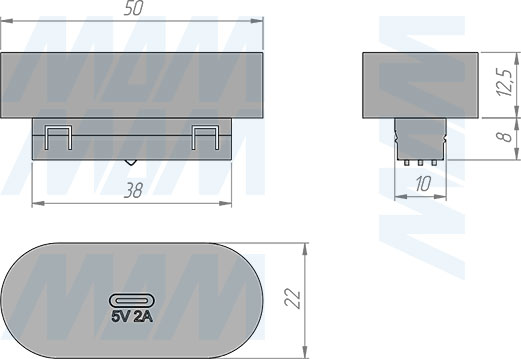 Размеры разъема TRACK  USB Type-C, 24 В, 10  Вт (артикул TK24-INT-USBC)