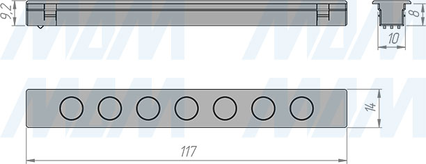 Размеры светодиодного линейного светильника TRACK,  7 точек, 117 мм, 24 В, 7 Вт (артикул TK24-SP-7DT-NW7)