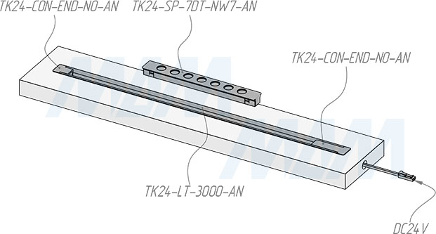 Установка светодиодного линейного светильника TRACK,  7 точек, 117 мм, 24 В, 7 Вт (артикул TK24-SP-7DT-NW7)
